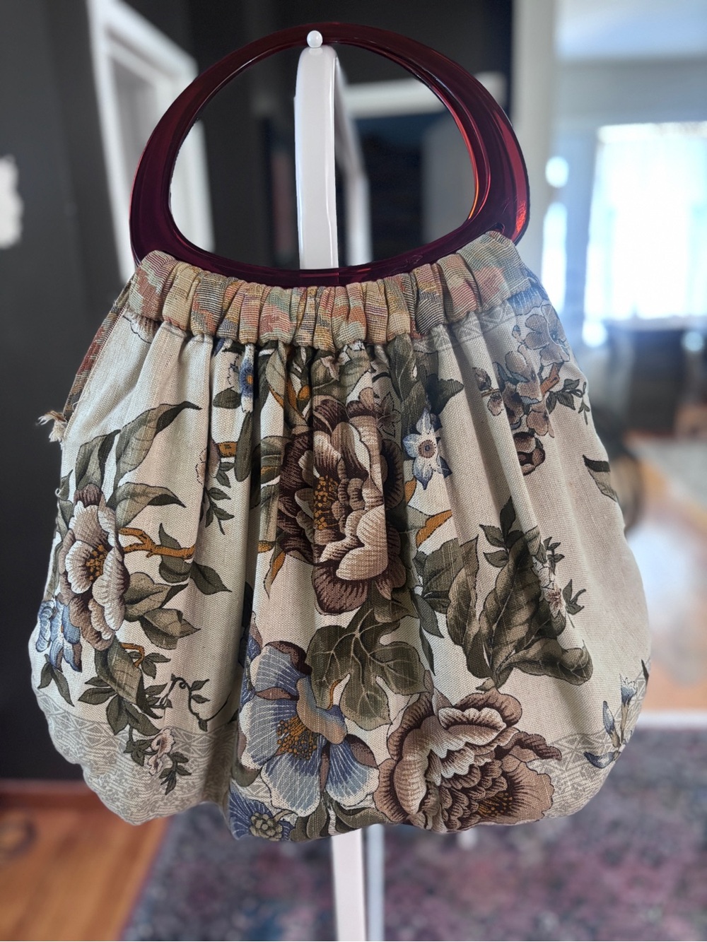 Vintage Floral Fabric Handbag with Acrylic Handles